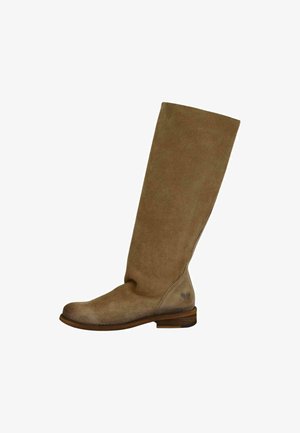 Kniehoge bruine suède laarzen met een ronde neus, een gladde textuur, minimale zijnaad en een lage gestapelde hak.