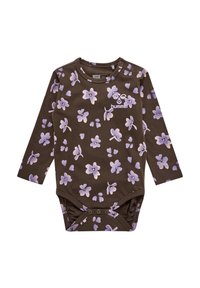 Brun långärmad bodysuit med ett blommönster i ljus lila. Har knäppningar nederst och en rund halsringning.