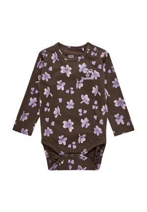Body marron à manches longues avec un motif floral en violet clair. Doté de fermetures à pression en bas et d'un col rond.