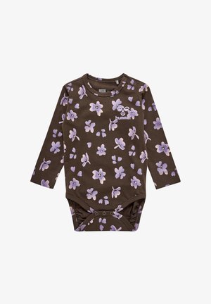 Brauner langärmeliger Body mit floralem Muster in helllila. Verfügt über Druckknöpfe im unteren Bereich und einen runden Halsausschnitt.