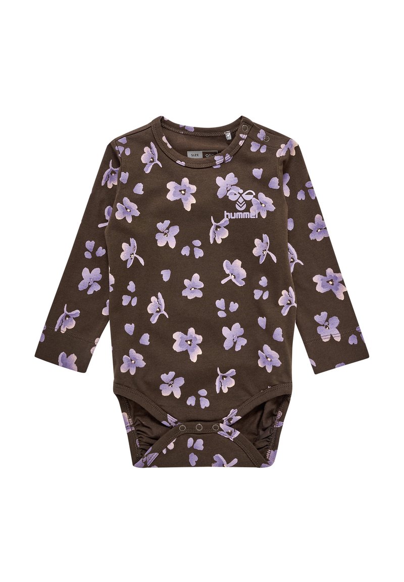 Brun långärmad bodysuit med ett blommönster i ljus lila. Har knäppningar nederst och en rund halsringning.
