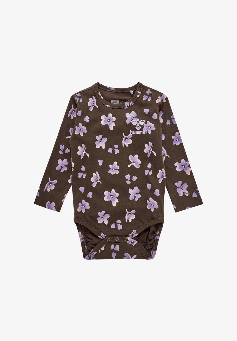 Brauner langärmeliger Body mit floralem Muster in helllila. Verfügt über Druckknöpfe im unteren Bereich und einen runden Halsausschnitt.