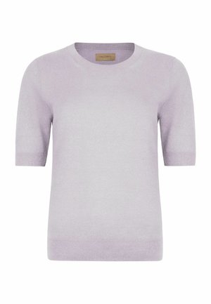 Liliowy krótki sweter dzianinowy z okrągłym dekoltem, prążkowanymi mankietami i dołem oraz małą metką marki wewnątrz kołnierza.