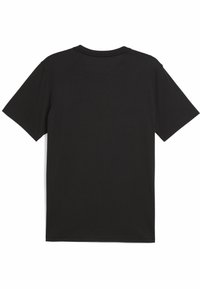 Sort t-shirt med korte ærmer og rund halskant, lavet af et glat stof. Har et simpelt design uden tekst eller mønstre.