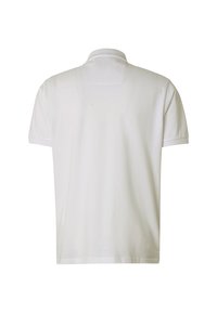 Polo blanc uni à manches courtes vu de dos, avec un col classique et une texture de tissu lisse.
