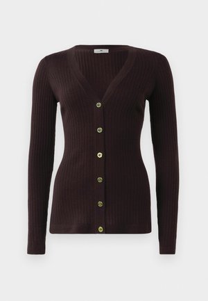 Dark purple ribbed knit cardigan with long sleeves and six gold buttons down the front, featuring a V-neckline and fitted shape.