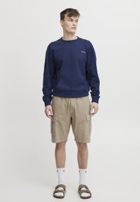 Sudadera azul marino con un bolsillo frontal, pantalones cortos tipo cargo beige con bolsillos laterales, calcetines blancos y sandalias marrones. Diseño simple, apariencia casual.