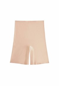 Pantaloni corti beige fino al ginocchio con una texture liscia, realizzati in tessuto elasticizzato. Presentano uno spacco anteriore e cuciture pulite e rifinite.