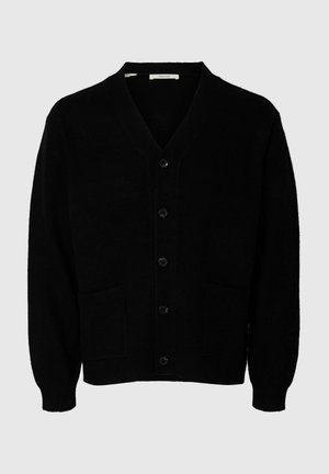 Cardigan noir, design en V, fermeture à cinq boutons, deux poches avant, poignets et ourlet côtelés, en tissu doux.