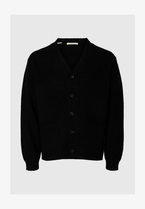 Cardigan noir, design en V, fermeture à cinq boutons, deux poches avant, poignets et ourlet côtelés, en tissu doux.