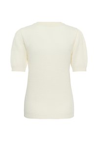 Pull en maille crème à manches courtes avec motif texturé et bords-côtes aux poignets, à l'ourlet et à l'encolure ronde, vu de dos.