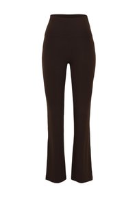 Tmavě hnědé vysokým pasem, rozšířené elastické kalhoty s hladkým pasem, zobrazené na bílém pozadí.