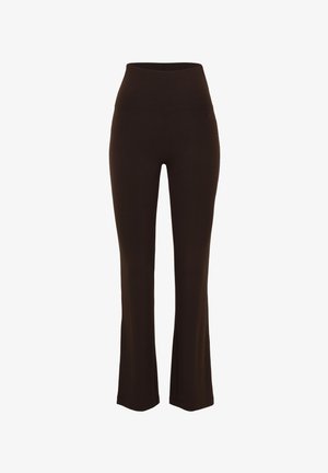 Dunkelbraune, hoch taillierte, ausgestellte Stretchhose mit glattem Bund, vor weißem Hintergrund dargestellt.