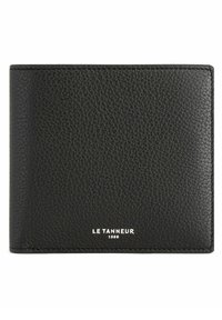 Black leather wallet with a grained texture, featuring rounded edges and a subtle logo in white at the bottom center. Compact rectangular design.