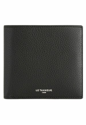 Black leather wallet with a grained texture, featuring rounded edges and a subtle logo in white at the bottom center. Compact rectangular design.