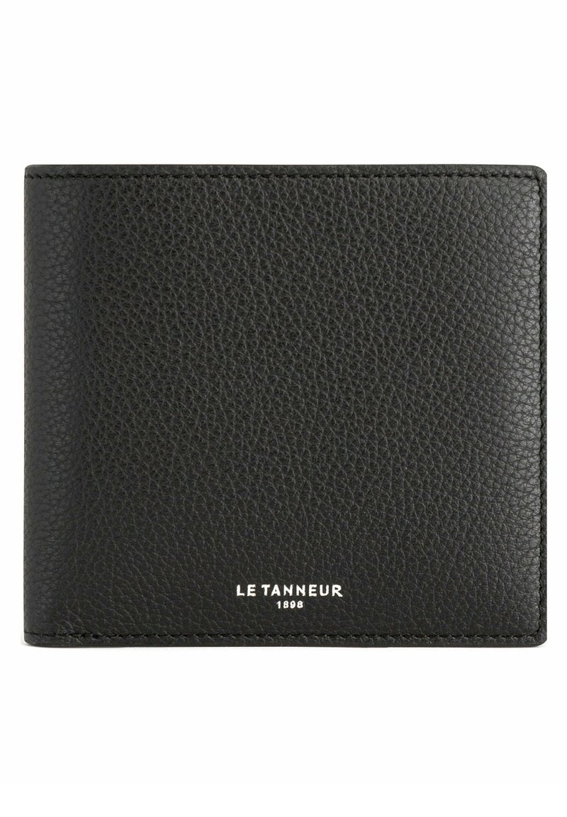 Black leather wallet with a grained texture, featuring rounded edges and a subtle logo in white at the bottom center. Compact rectangular design.