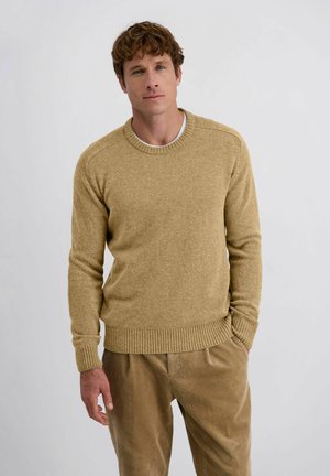 Man met lichtbruin krullend haar, gekleed in een beige trui en tan corduroy broek, staat met één hand in de zak tegen een effen achtergrond.