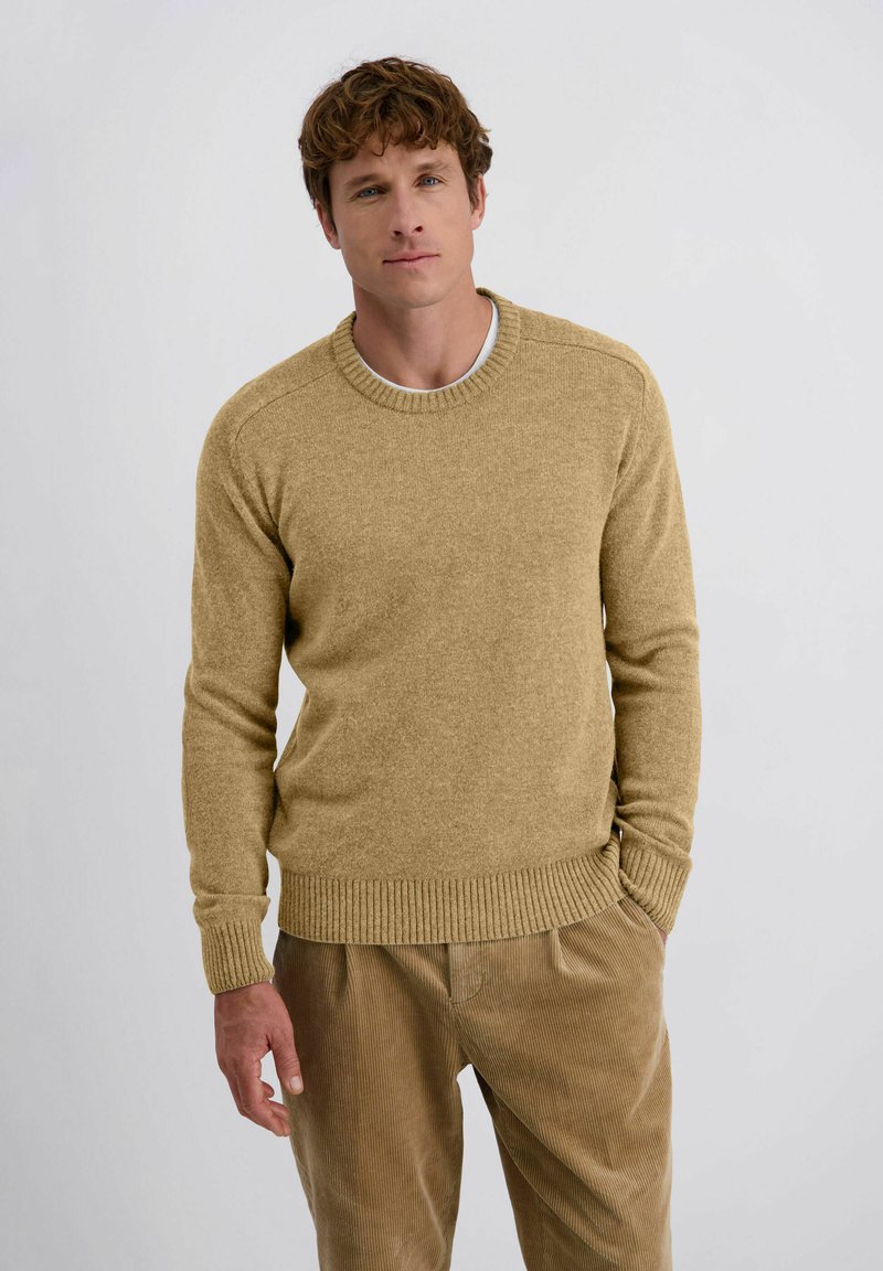 Man met lichtbruin krullend haar, gekleed in een beige trui en tan corduroy broek, staat met één hand in de zak tegen een effen achtergrond.