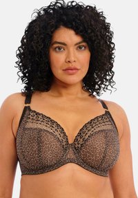 Bra in braunem Leopardenmuster mit transparentem Spitzenoverlay, Unterwichenstütze und verstellbaren Trägern mit goldfarbenen Akzenten. Strukturierte Details am Brustbereich.