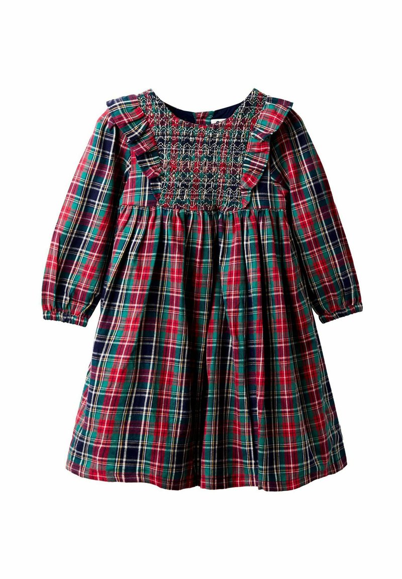 Karo-Kleid mit langen Ärmeln in Rot, Grün und Marineblau. Verfügt über einen smockierten Oberteil, einen gerafften Ausschnitt und einen eingesammelten Rock.