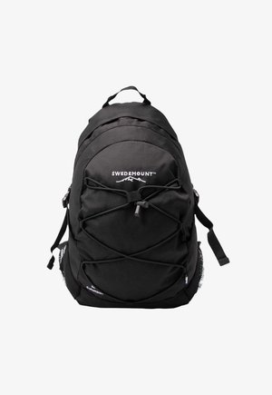 Black Swedemount backpack with front elastic cord, side mesh pockets, and top carry handle, shown against a white background.