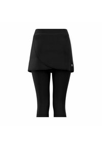 Falda atlética negra con diseño envolvente, combinada con leggings capri negros. Fabricada con un tejido suave y elástico, con una cintura ajustada.
