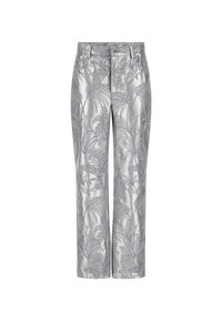 Pantaloni ricamati argento con motivo a foglia, design a gamba dritta e una texture liscia e lucida. Tasche funzionali e chiusura con bottone.