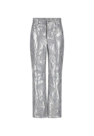 Pantaloni ricamati argento con motivo a foglia, design a gamba dritta e una texture liscia e lucida. Tasche funzionali e chiusura con bottone.