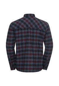 Chemise en flanelle à carreaux avec un motif à damier bordeaux foncé et bleu, manches longues, col boutonné et ourlet arrondi. Vue arrière montrée.