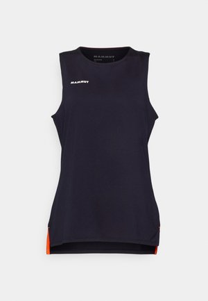 Mouwloze sporttop in donker marineblauw stof, met een ronde hals, oranje zijkanten en een logo in het wit op de borst gedrukt.