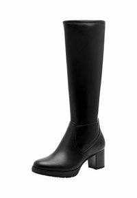 Bottes noires en cuir arrivant sous le genou avec un talon bloc, texture lisse et détails de couture sur les côtés. Conçues pour le confort et la durabilité.