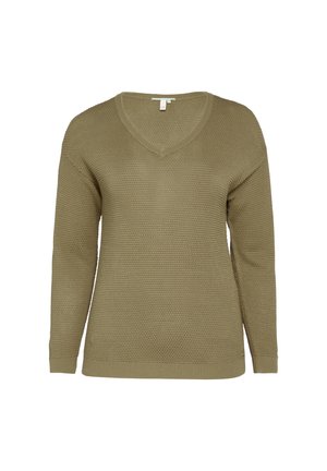 Gebreide trui in olijfgroen met een V-hals, lange mouwen en een textuurstof met geribbelde zoom en manchetten.