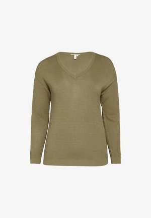 Pull en tricot de couleur vert olive avec un col en V, des manches longues et un tissu texturé, doté d'un ourlet et de poignets côtelés.