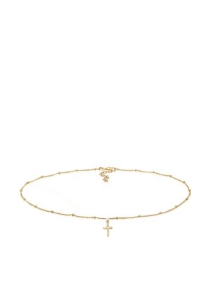 Delikatny naszyjnik ze złotego łańcuszka z równomiernie rozmieszczonymi małymi koralikami i małym złotym krzyżykiem w centrum.