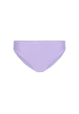 Lila bikini hlačke z gladko teksturo, nizkim rezom in srednjo pokritostjo, z minimalističnim krojem in elastičnim pasom.