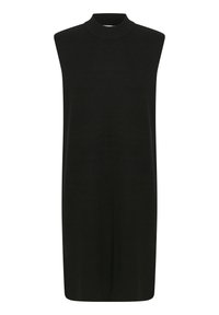 Schwarzes ärmelloses Kleid mit hohem, rundem Ausschnitt. Hergestellt aus einem glatten, weichen Stoff, mit einem schlichten, geraden Schnitt und ohne Muster.