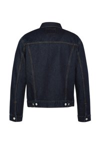 Mørk denimjakke, figursyet pasform, klassisk krave, knapmanschetter, rygdetalje og kontrasterende orange syninger ved sømmene.
