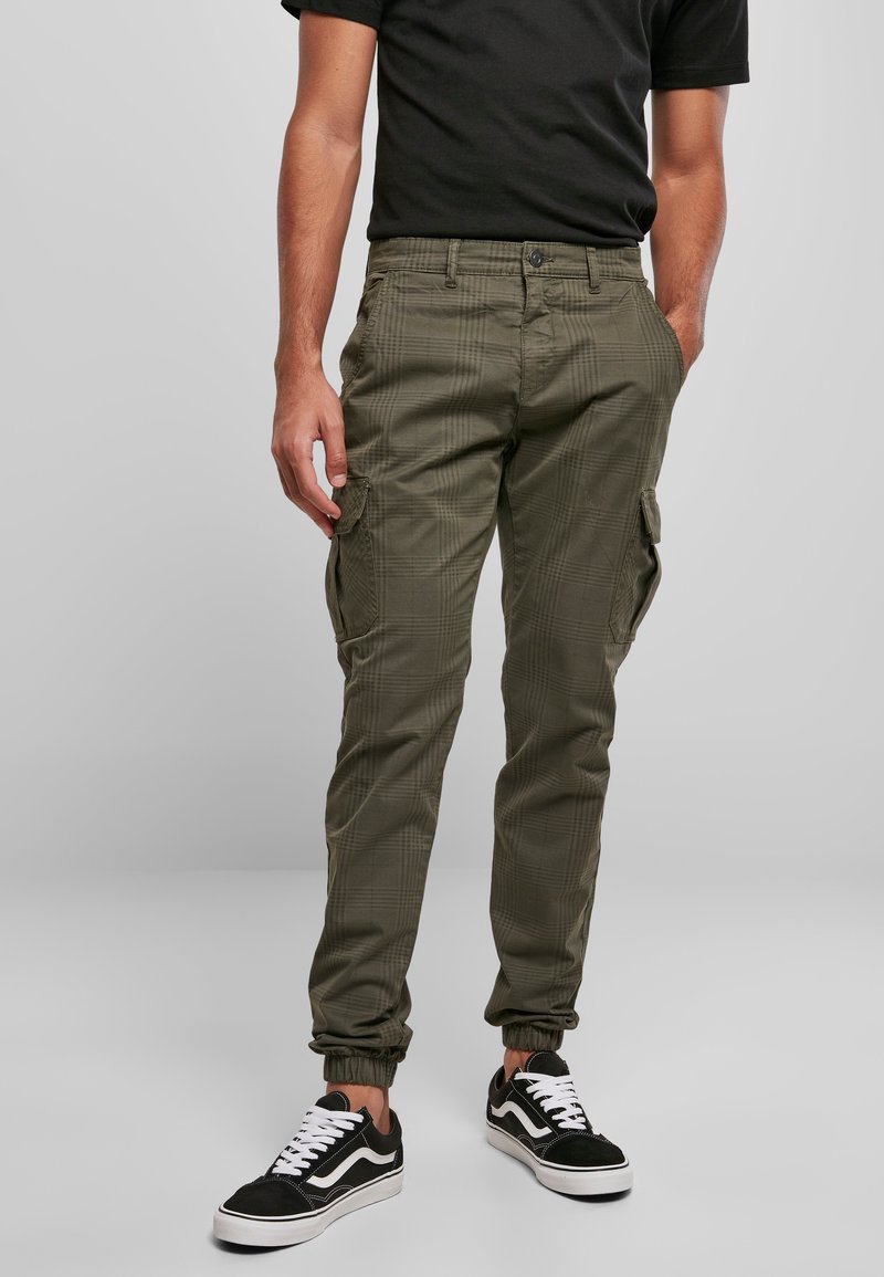 Urban Classics AOP GLENCHECK CARGO JOG PANTS - Kareiviško stiliaus kelnės - olive