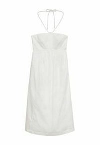 Robe blanche sans bretelles avec un col noué autour du cou, présentant un corsage ajusté et une jupe droite et fluide. Texture lisse, design minimaliste.