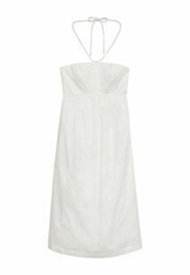 White strapless dress with a halter tie neckline, featuring a fitted bodice and a straight, flowing skirt. Smooth texture, minimal design.