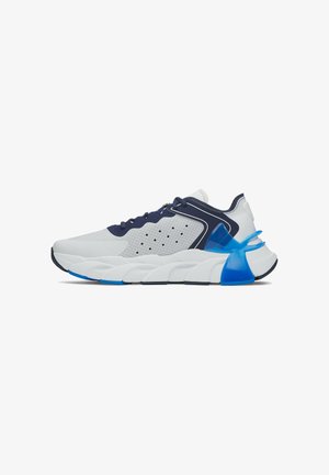 Athletic sneakers with a lightweight, gray mesh upper, navy accents, perforated details, and a unique chunky blue rubber sole.