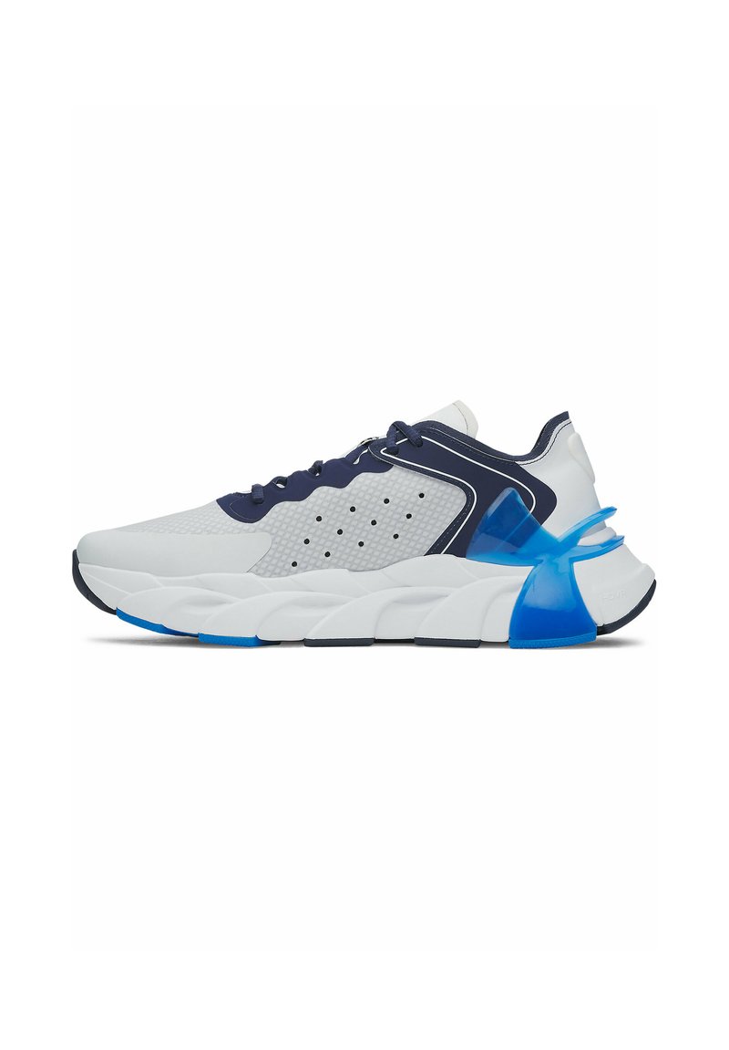Athletic sneakers with a lightweight, gray mesh upper, navy accents, perforated details, and a unique chunky blue rubber sole.