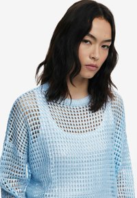 Hellblauer Häkelpullover mit einem offenen Netzdesign, runder Ausschnitt und langen Ärmeln. Die Textur ist luftig und leicht schimmernd.