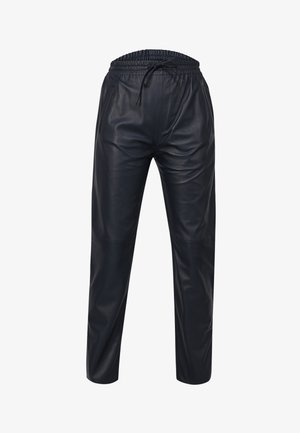 Black leather pants with an elastic waistband, drawstring, and side pockets. Tapered shape with a smooth, textured finish.