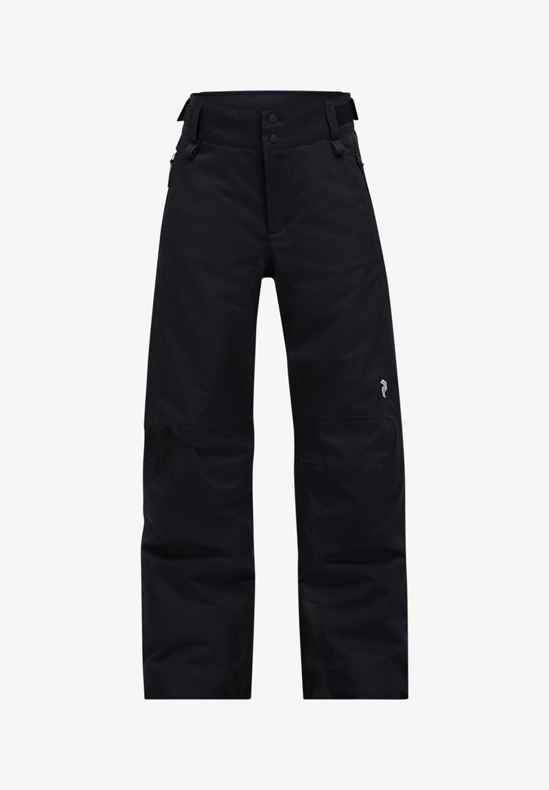 Pantaloni da sci neri con taglio dritto, dotati di vita regolabile, rinforzi sulle ginocchia, multiple tasche e un piccolo dettaglio con logo sul lato.