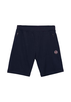 Pantaloncini sportivi blu navy con fascia elastica in vita, tasche laterali con zip e logo rotondo Colmar sulla coscia destra.