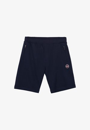 Pantalones cortos deportivos azul marino con cintura elástica, bolsillos laterales con cremallera y logotipo redondo de Colmar en el muslo derecho.