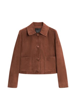 Brown suede cropped jacket with a collar, three front buttons, and two large pockets. Smooth texture and simple design.
