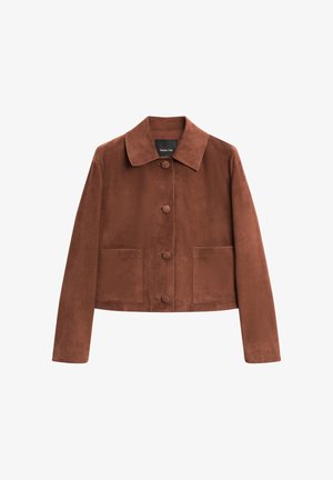 Braune Wildleder-Cropped-Jacke mit einem Kragen, drei vorderen Knöpfen und zwei großen Taschen. Glatte Textur und einfaches Design.