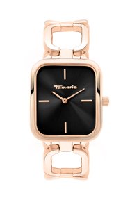 Rosaguld linked armbåndsur med firkantet sort urskive, minimalistiske markører, tre visere og "Tamaris" branding i midten.